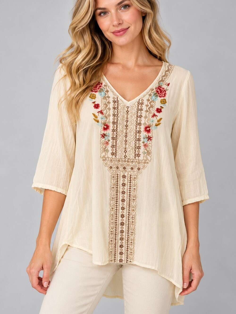 PAPARAZZI Floral Embroidered Lightweight Festival V-Neck Tunic Medium